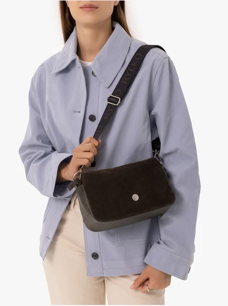 A dark brown handbag with a wide strap