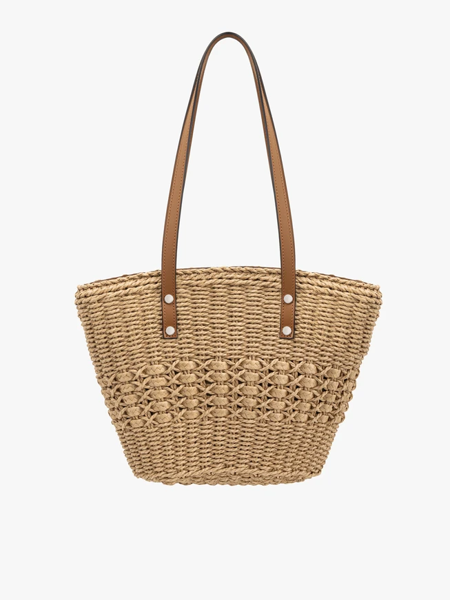 Beige and red braided basket shopper bag