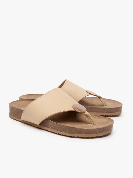 Beige leather flip flops with embellishment