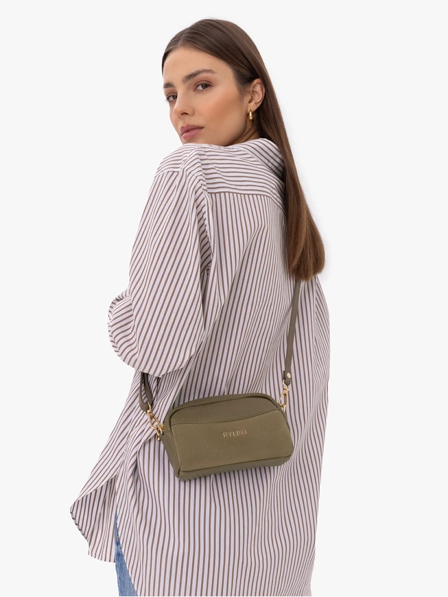 Handtasche aus olivfarbenem Leder und Velours