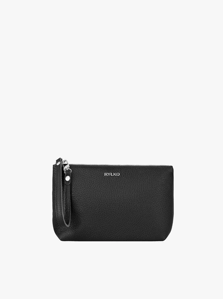 Black full-grain leather makeup bag
