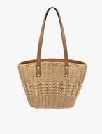 Beige and red braided basket shopper bag