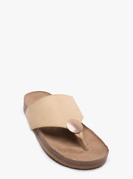 Beige leather flip flops with embellishment