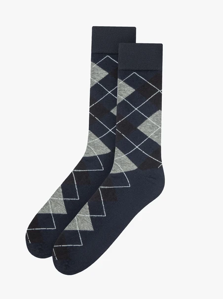 Navy blue cotton socks with a diamond pattern