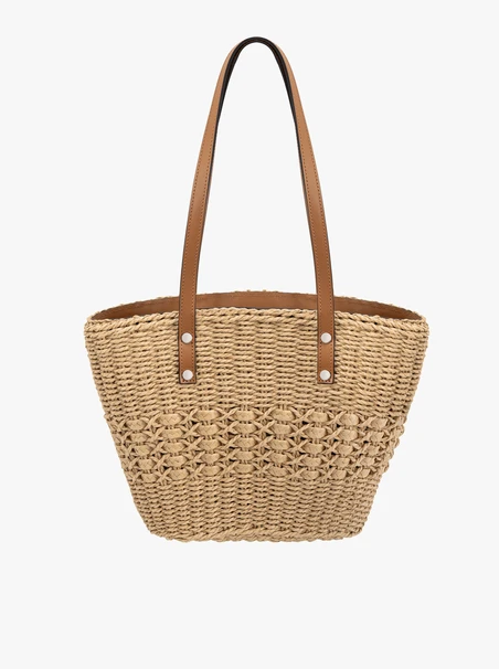 Beige and red braided basket shopper bag