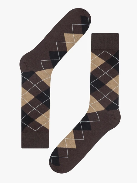 Brown cotton socks with a diamond pattern