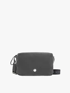 A dark gray handbag with a wide strap