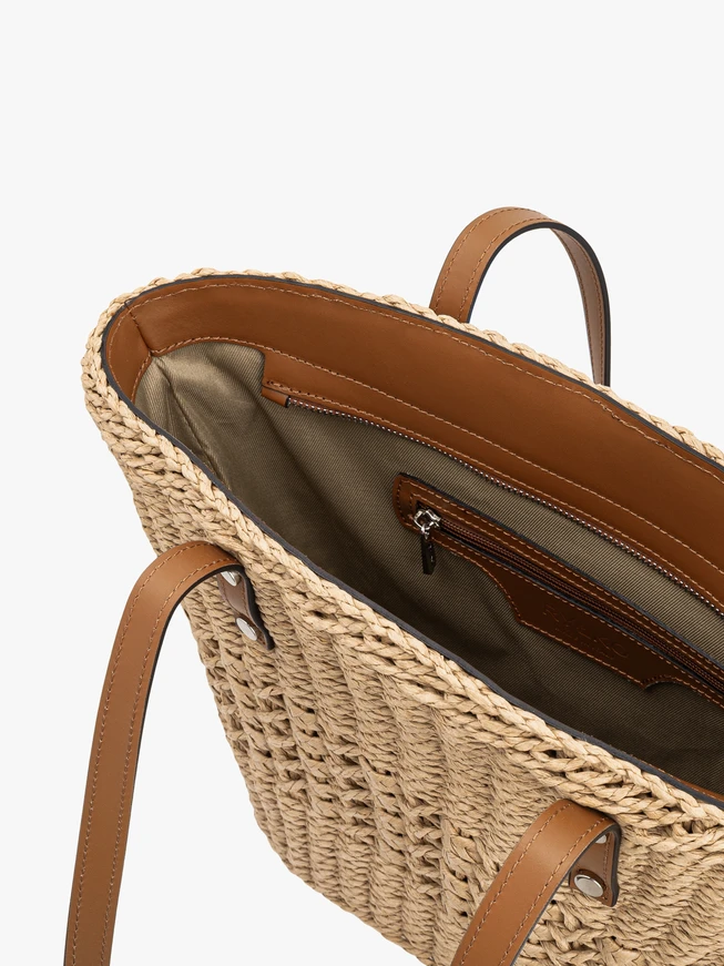 Beige and red braided basket shopper bag