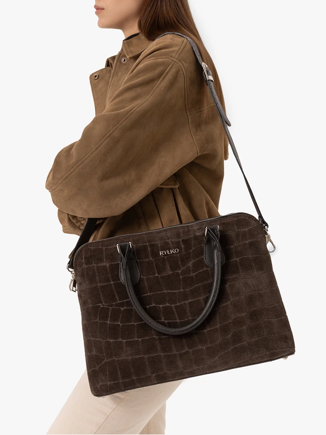 Brown laptop bag with a crocodile-skin pattern