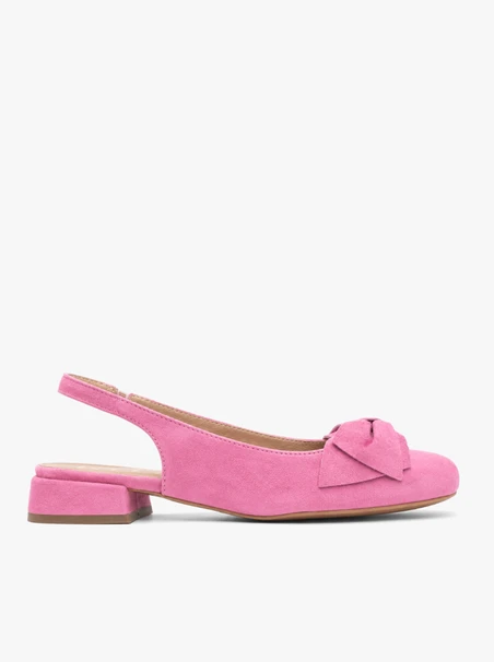 Pink slingback heelless pumps with bow