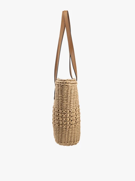 Beige and red braided basket shopper bag