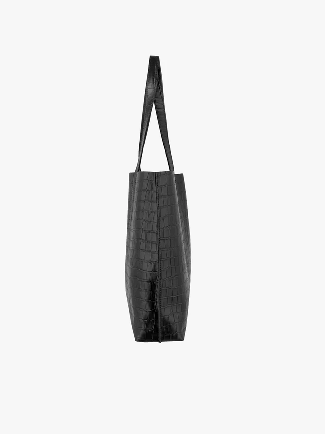 Schwarze Leder-Shopper-Tasche mit Krokodilleder-Optik