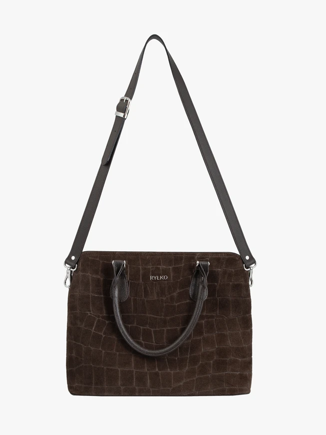 Brown laptop bag with a crocodile-skin pattern