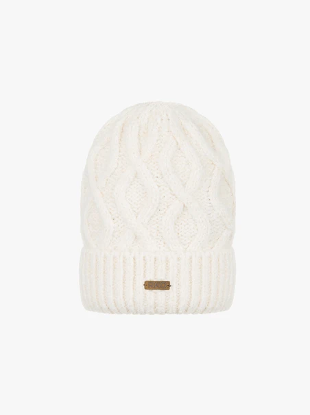 Cream-colored hat with a cable knit pattern