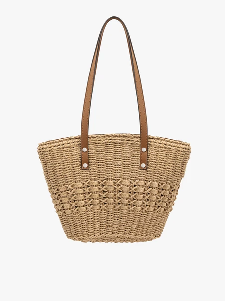 Beige and red braided basket shopper bag