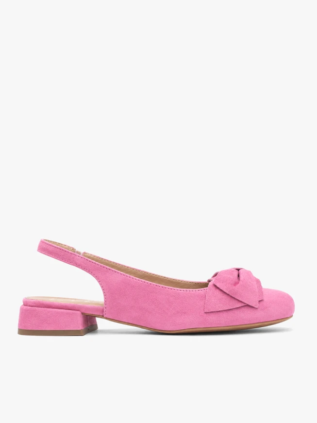 Pink slingback heelless pumps with bow