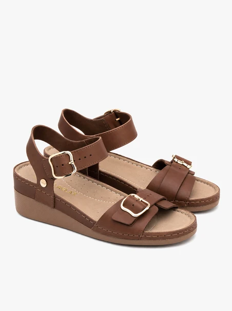 Brown sandals with a low wedge heel