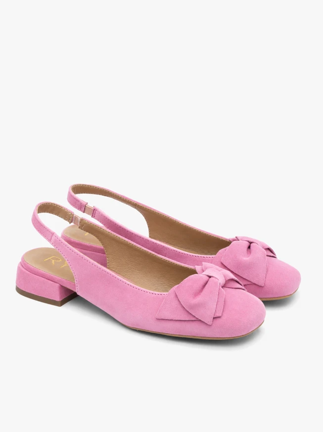 Pink slingback heelless pumps with bow